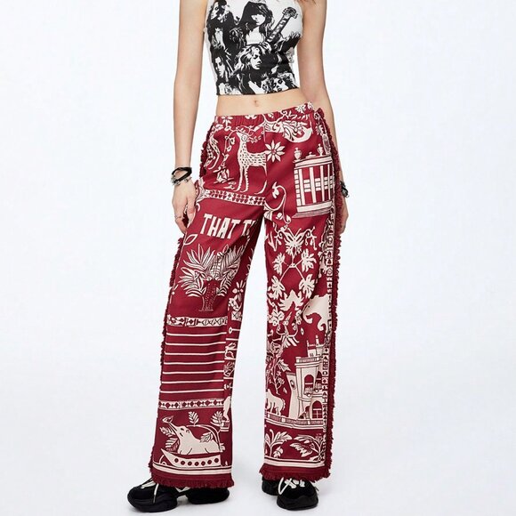 Multicolor Casual Women's Exotic Style Printed Tassel Baggy Pants - Picture 3 of 6